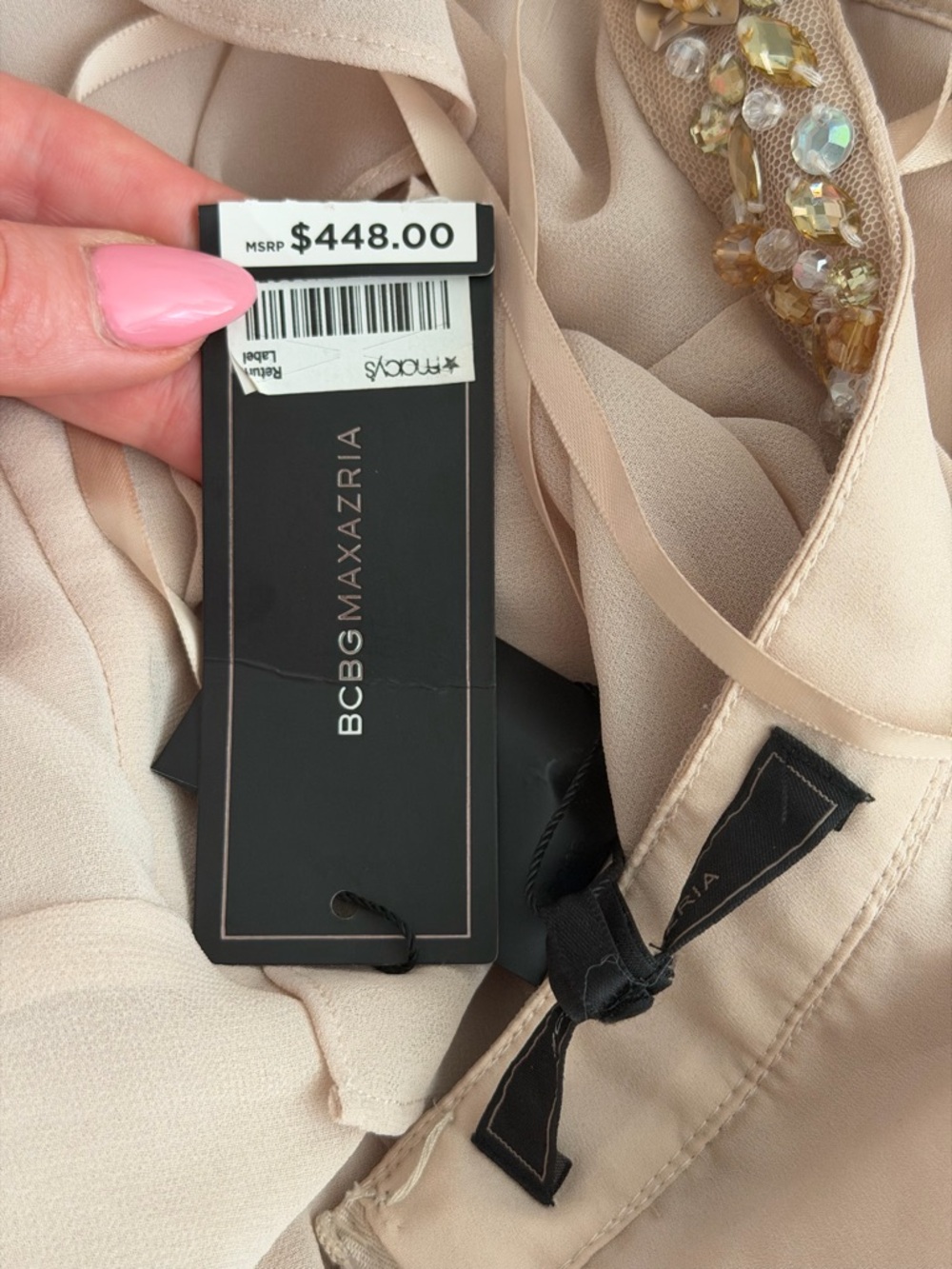 BCBGMaxAzria Blush-Beige Strapless Embellished Dress